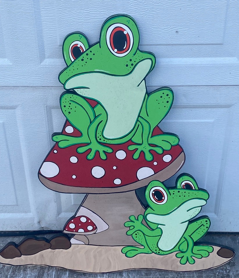 Frogs On Mushroom Wood Outdoor Yard Art Sign, Frog Garden Decoration