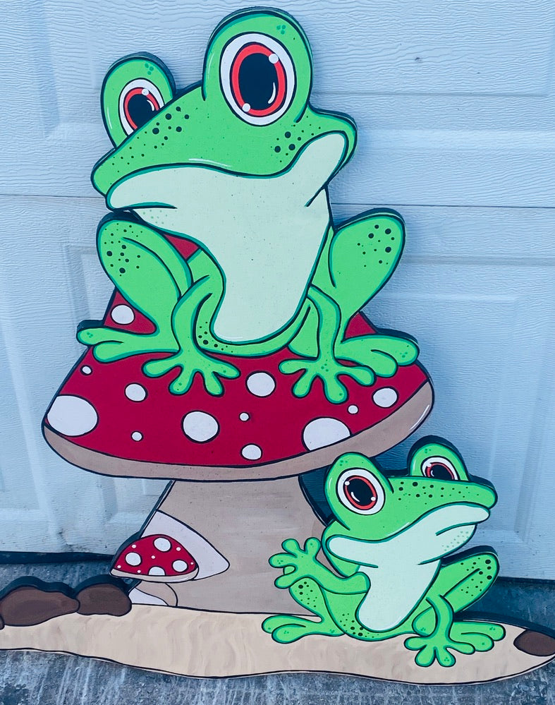 Frogs On Mushroom Wood Outdoor Yard Art Sign, Frog Garden Decoration