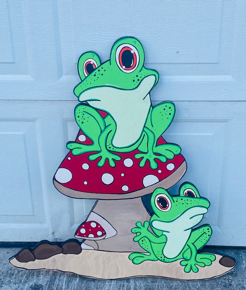 Frogs On Mushroom Wood Outdoor Yard Art Sign, Frog Garden Decoration