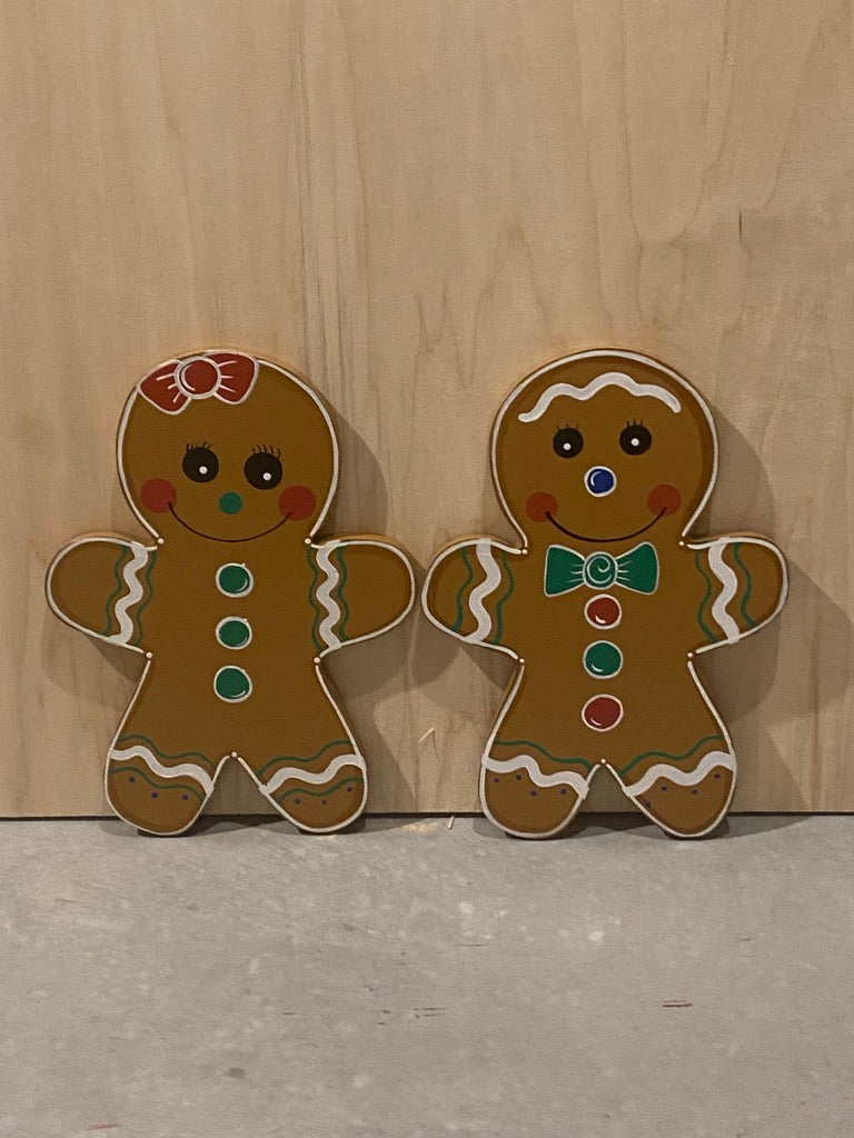 Christmas Gingerbread Man, Woman, Wood Outdoor Yard Art Sign, Plant Pokes, Set of 2