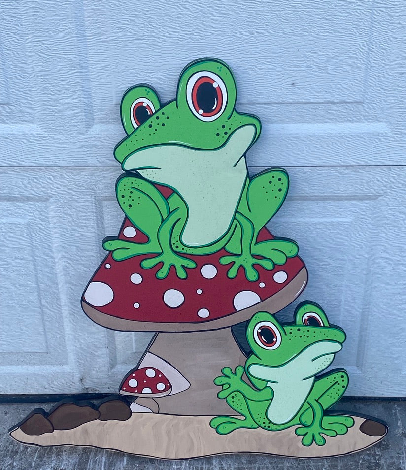 Frogs On Mushroom Wood Outdoor Yard Art Sign, Frog Garden Decoration