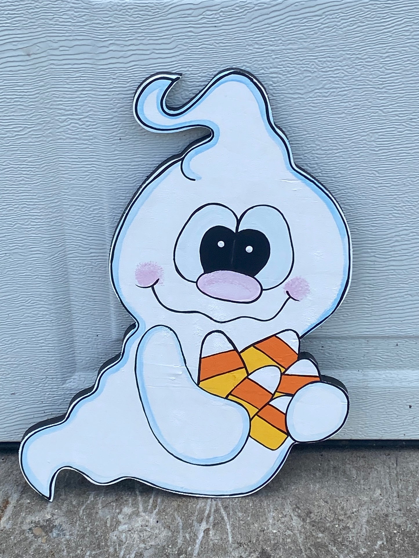 Halloween Ghost With Candy Corn Wood Yard Art Decoration, Ghosts Outdoor Yard Sign