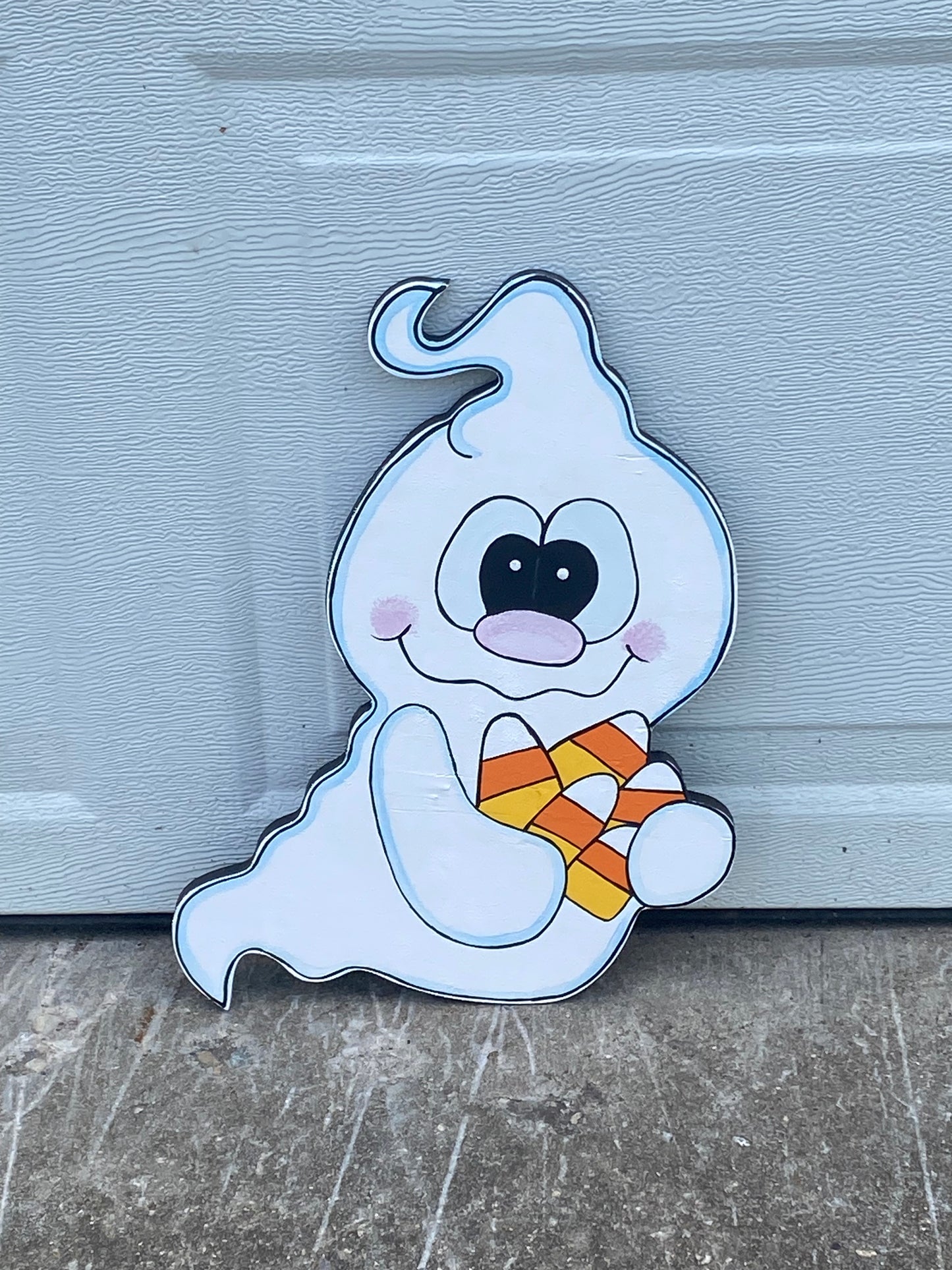 Halloween Ghost With Candy Corn Wood Yard Art Decoration, Ghosts Outdoor Yard Sign