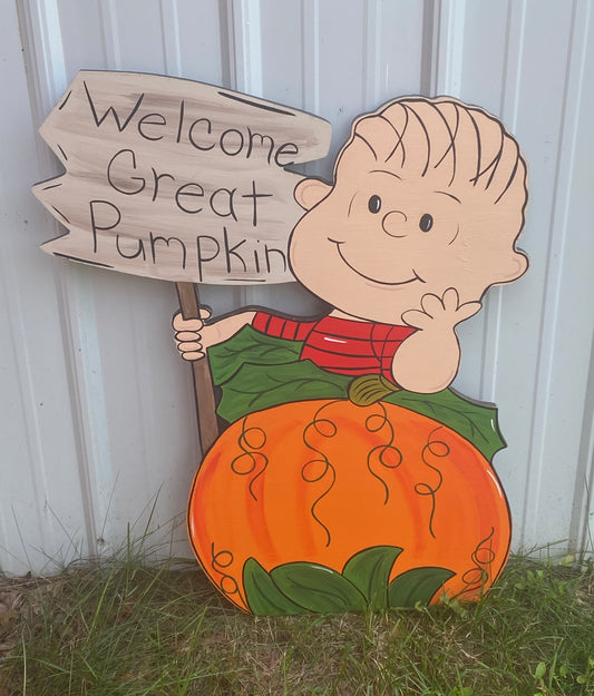 LINUS PEANUTS CHARLIE BROWN HALLOWEEN WELCOME GREAT PUMPKIN WOOD OUTDOOR LAWN & YARD ART SIGN