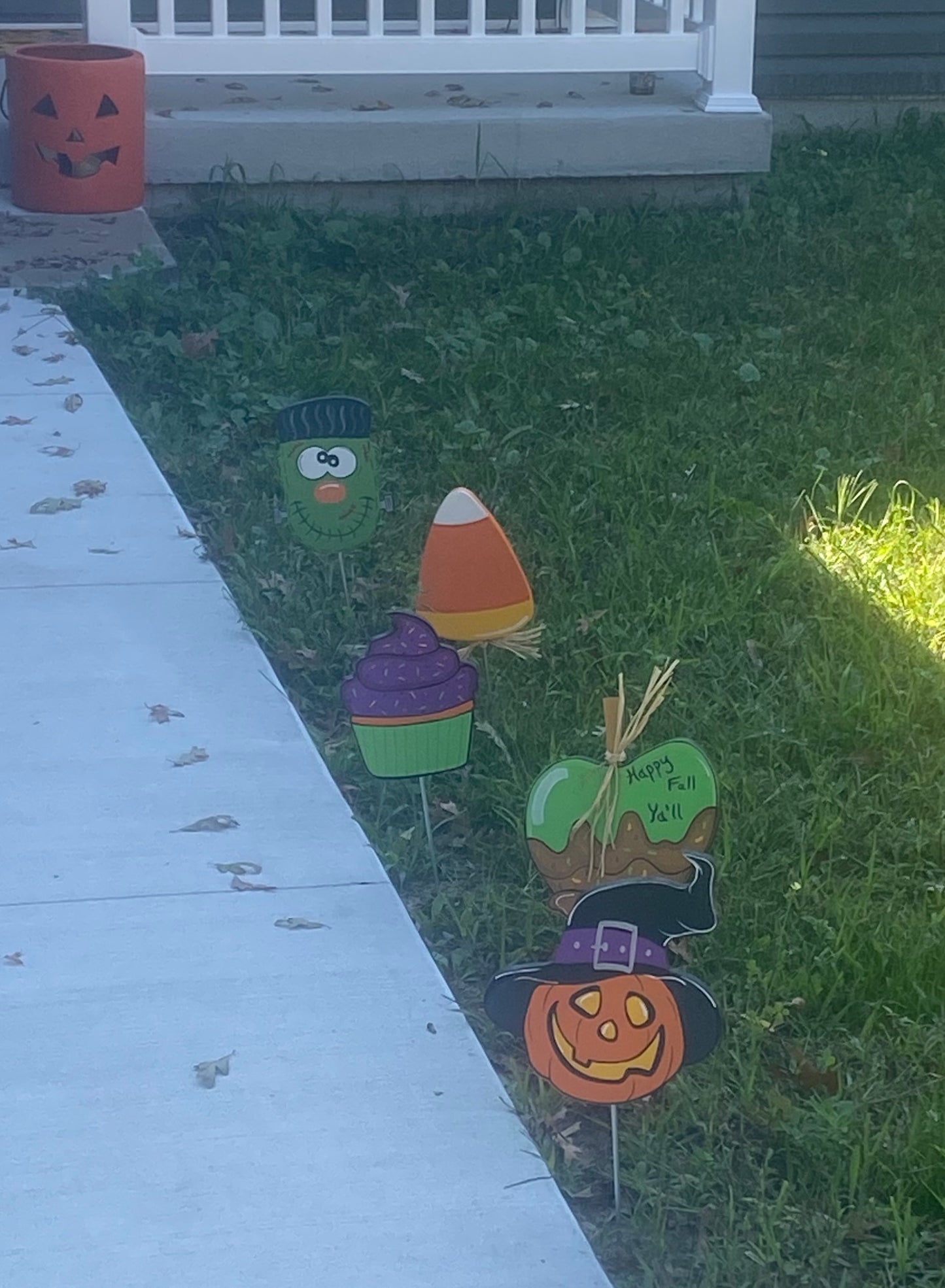 Halloween Plant Pokes, Set Of 5, Candy Corn, Frankenstein, Walkway Wood Outdoor Yard Art
