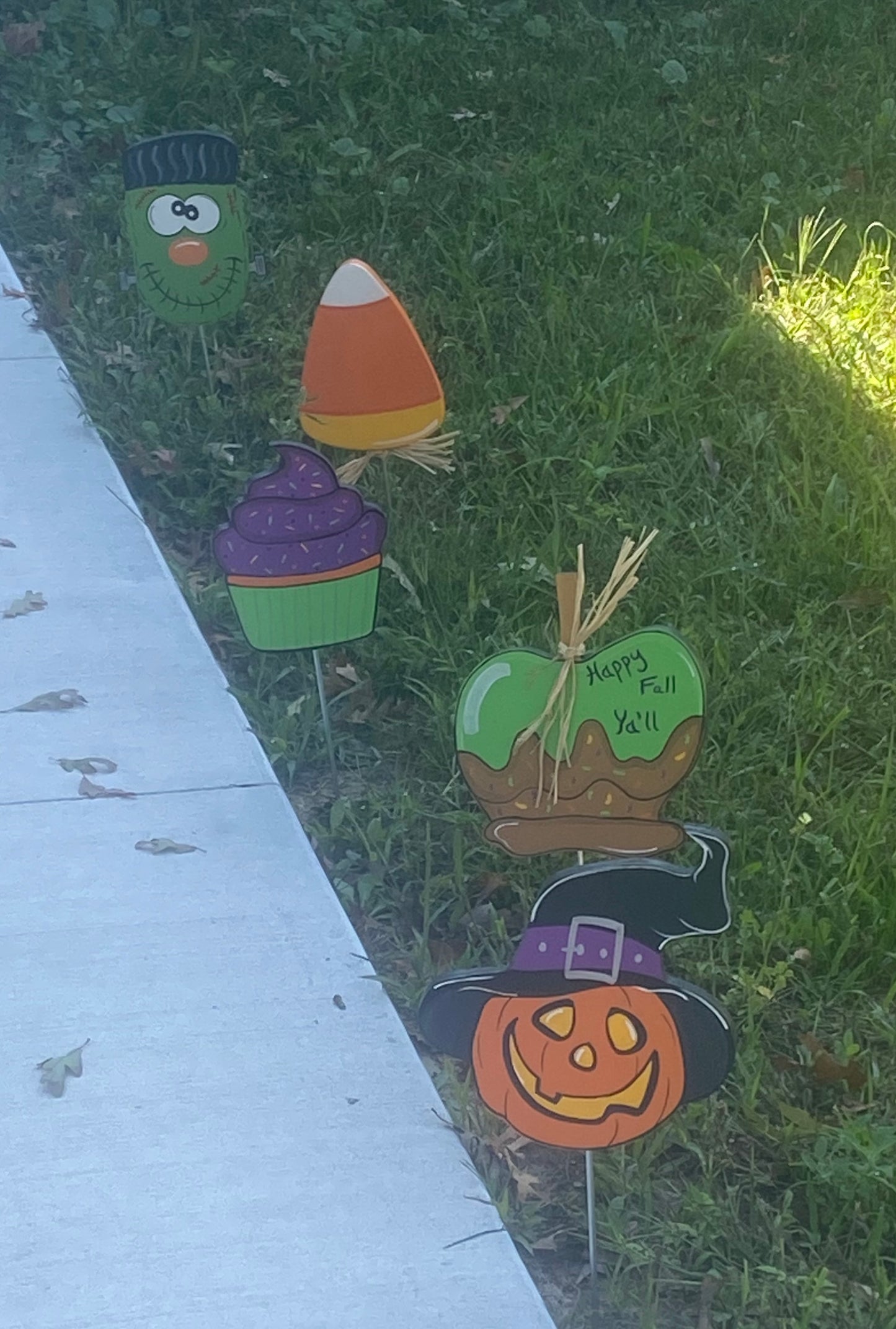 Halloween Plant Pokes, Set Of 5, Candy Corn, Frankenstein, Walkway Wood Outdoor Yard Art