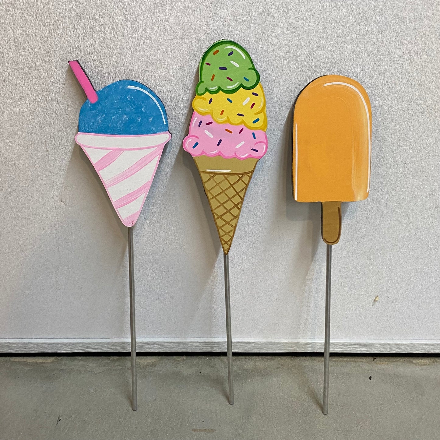 Summer Ice Cream Cone, Snow Cone & Ice Cream Bar Wood Outdoor Plant Poke, Garden Stake