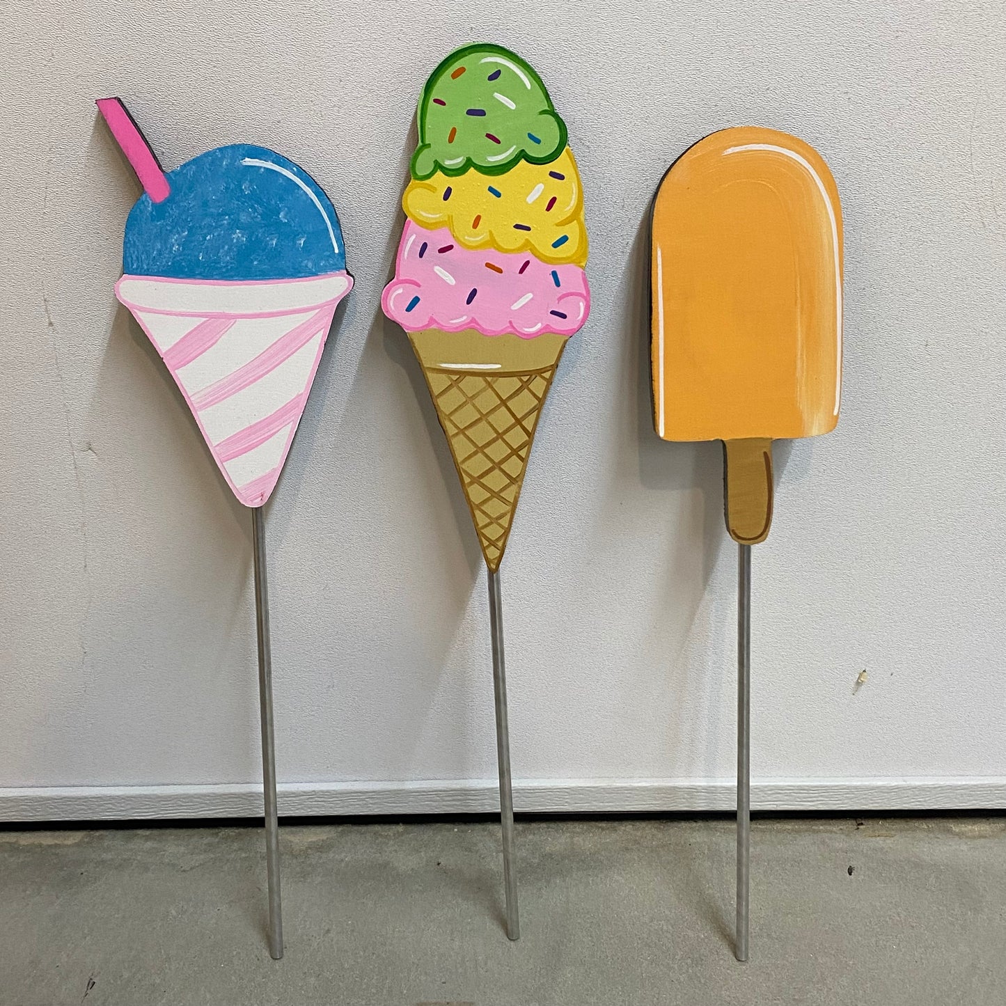 Summer Ice Cream Cone, Snow Cone & Ice Cream Bar Wood Outdoor Plant Poke, Garden Stake