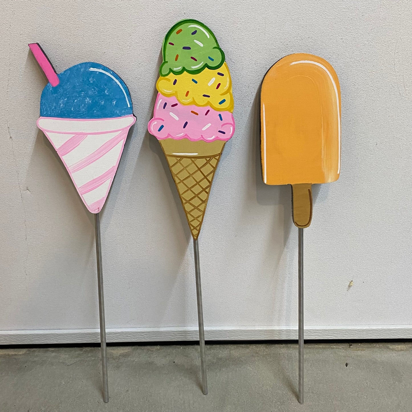 Summer Ice Cream Cone, Snow Cone & Ice Cream Bar Wood Outdoor Plant Poke, Garden Stake
