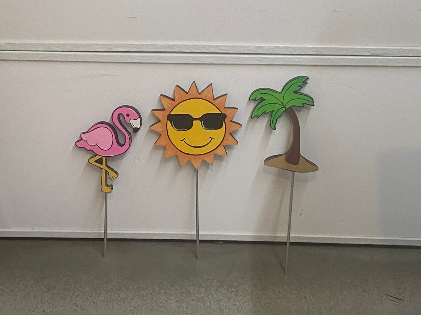 Summer Palm Tree, Flamingo & Sun Wood Outdoor Plant Poke, Garden Stake