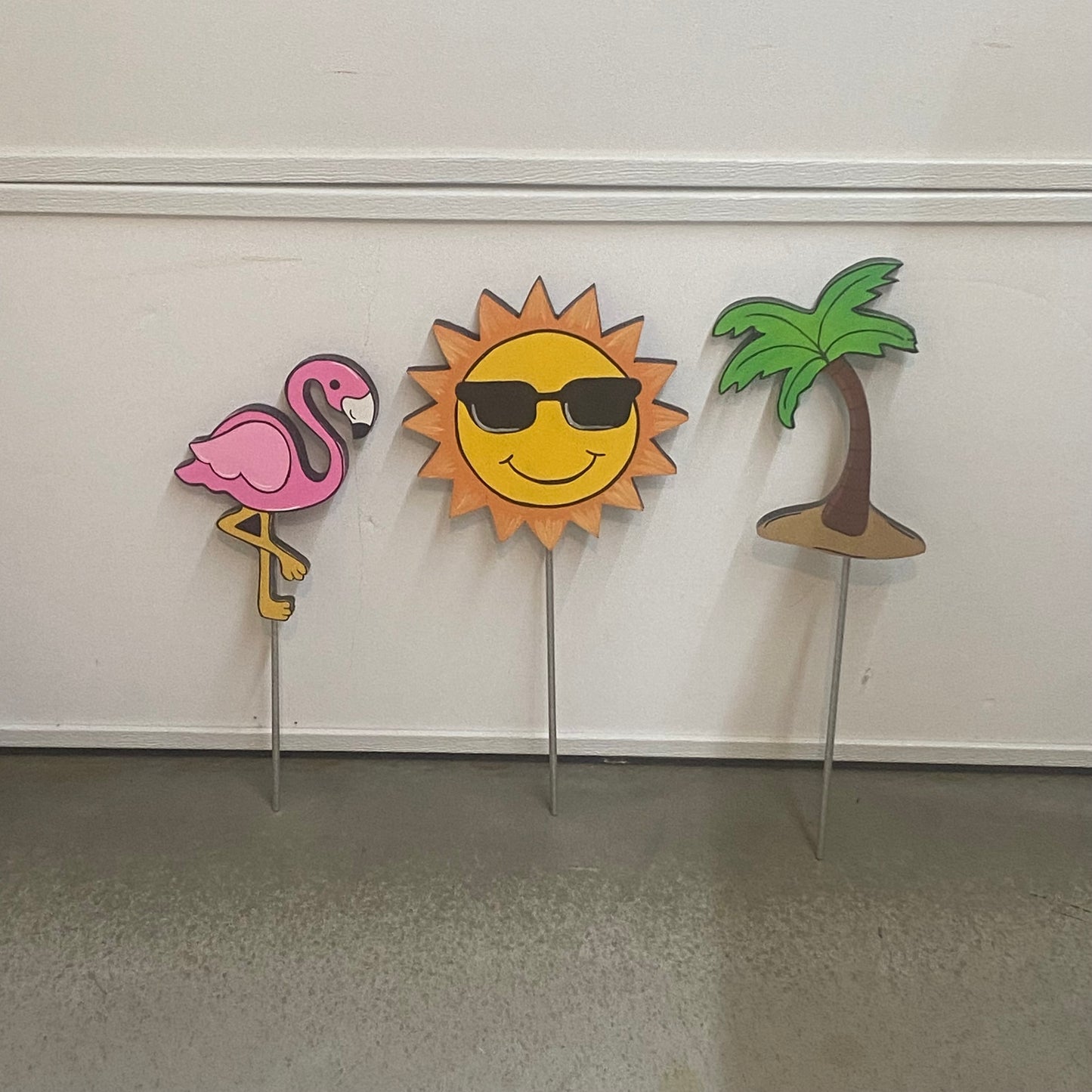 Summer Palm Tree, Flamingo & Sun Wood Outdoor Plant Poke, Garden Stake