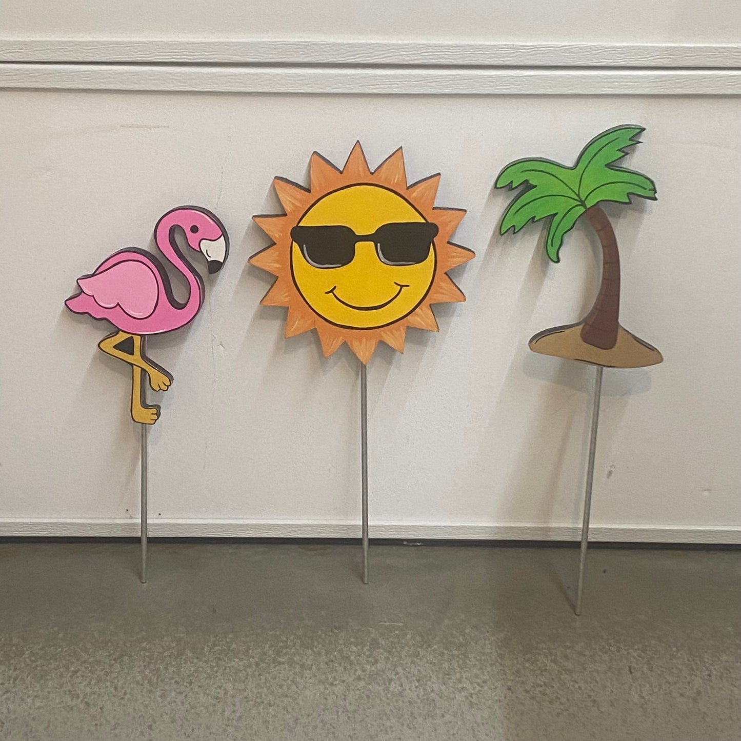 Summer Palm Tree, Flamingo & Sun Wood Outdoor Plant Poke, Garden Stake