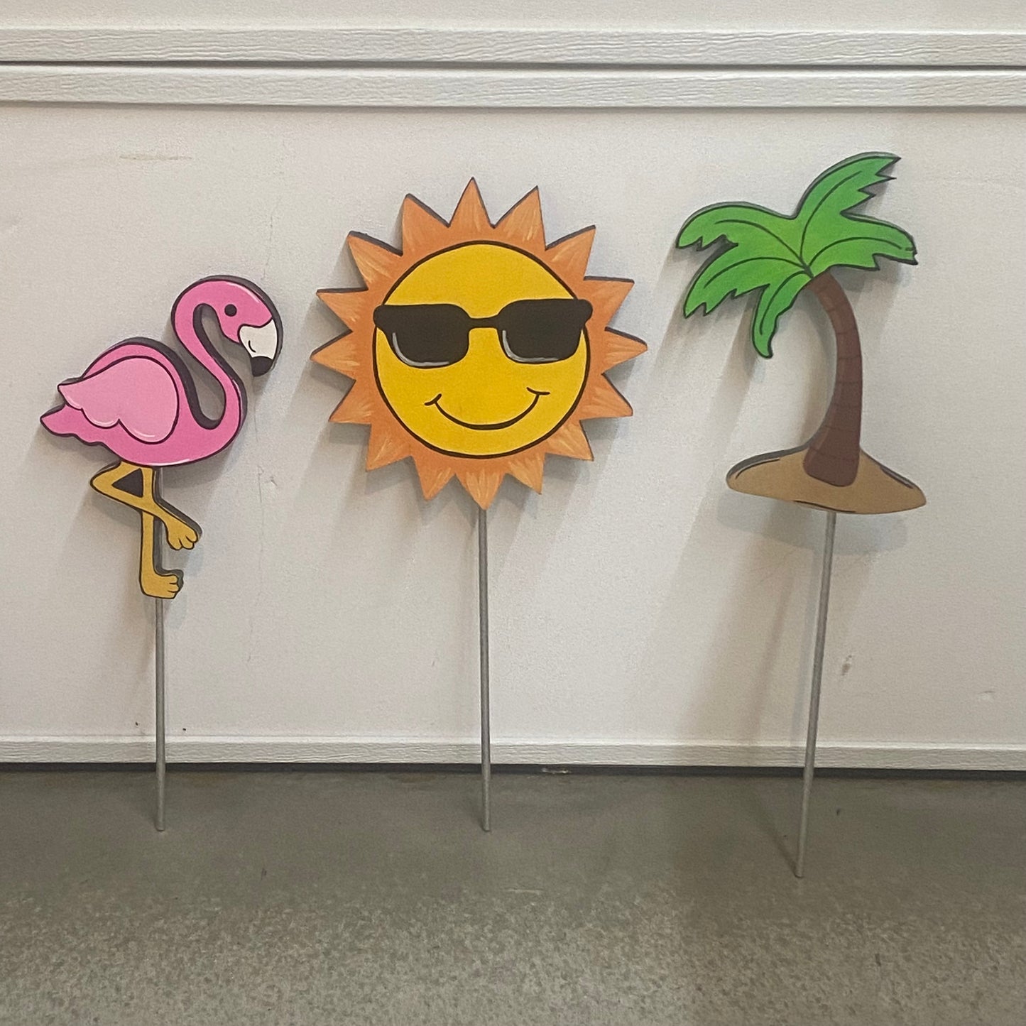 Summer Palm Tree, Flamingo & Sun Wood Outdoor Plant Poke, Garden Stake