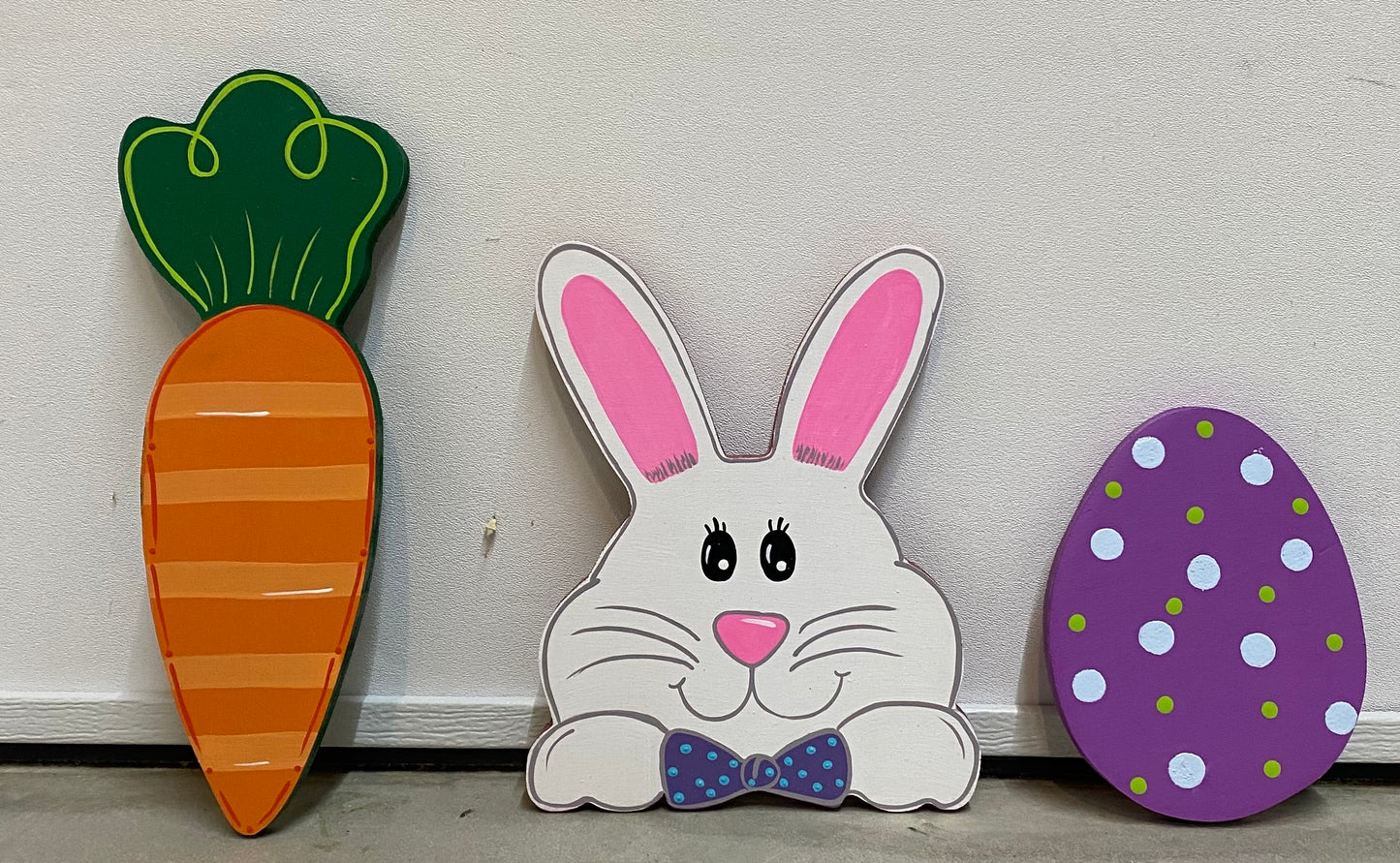 Easter Bunny Wood Yard Art or Plant Poke, Easter Decorations, Easter Egg, Carrot, Set of 3