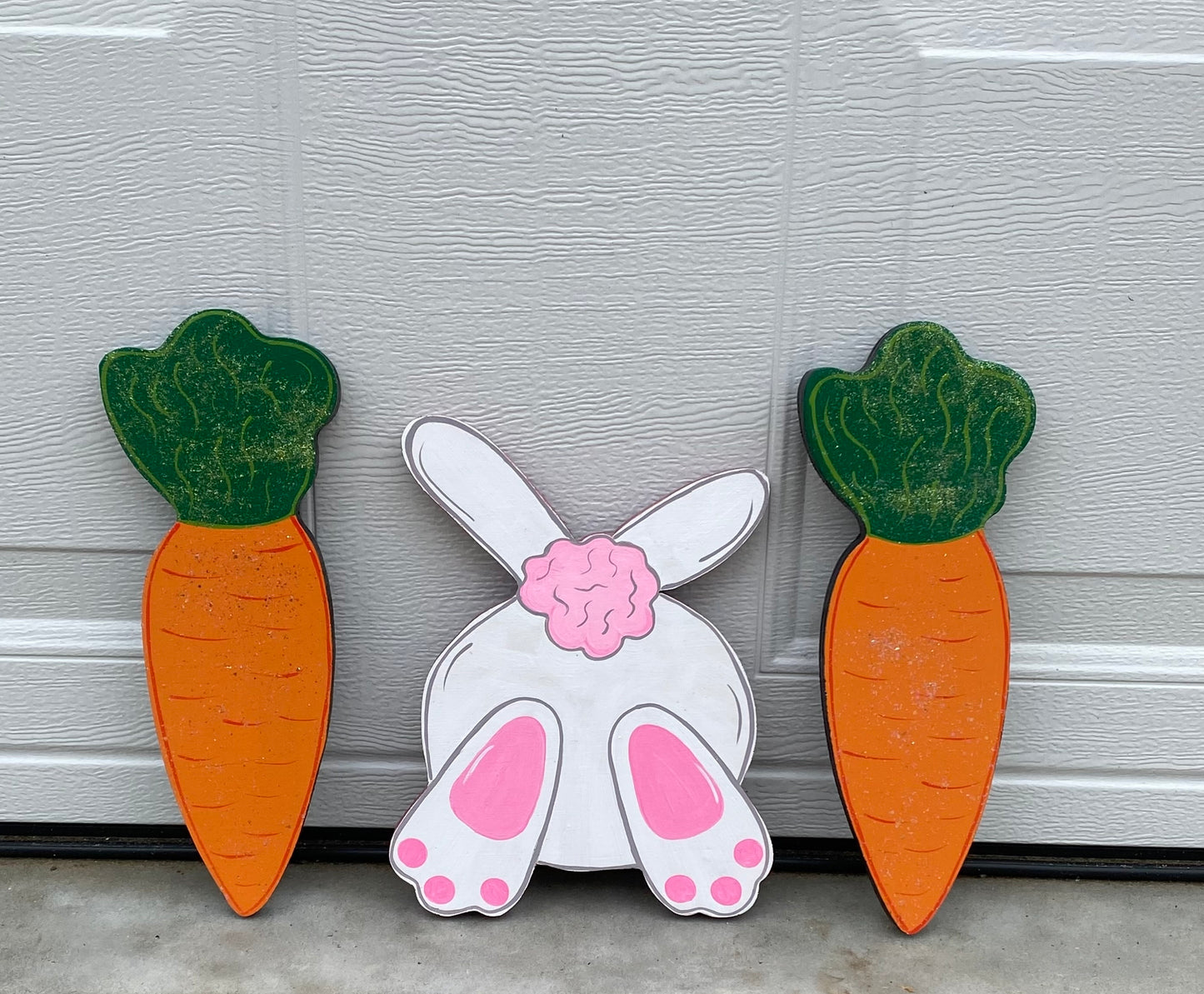 Easter Bunny with Carrots Wood Yard Art or Plant Poke, Easter Decorations, Easter Egg, Carrot, Set of 3