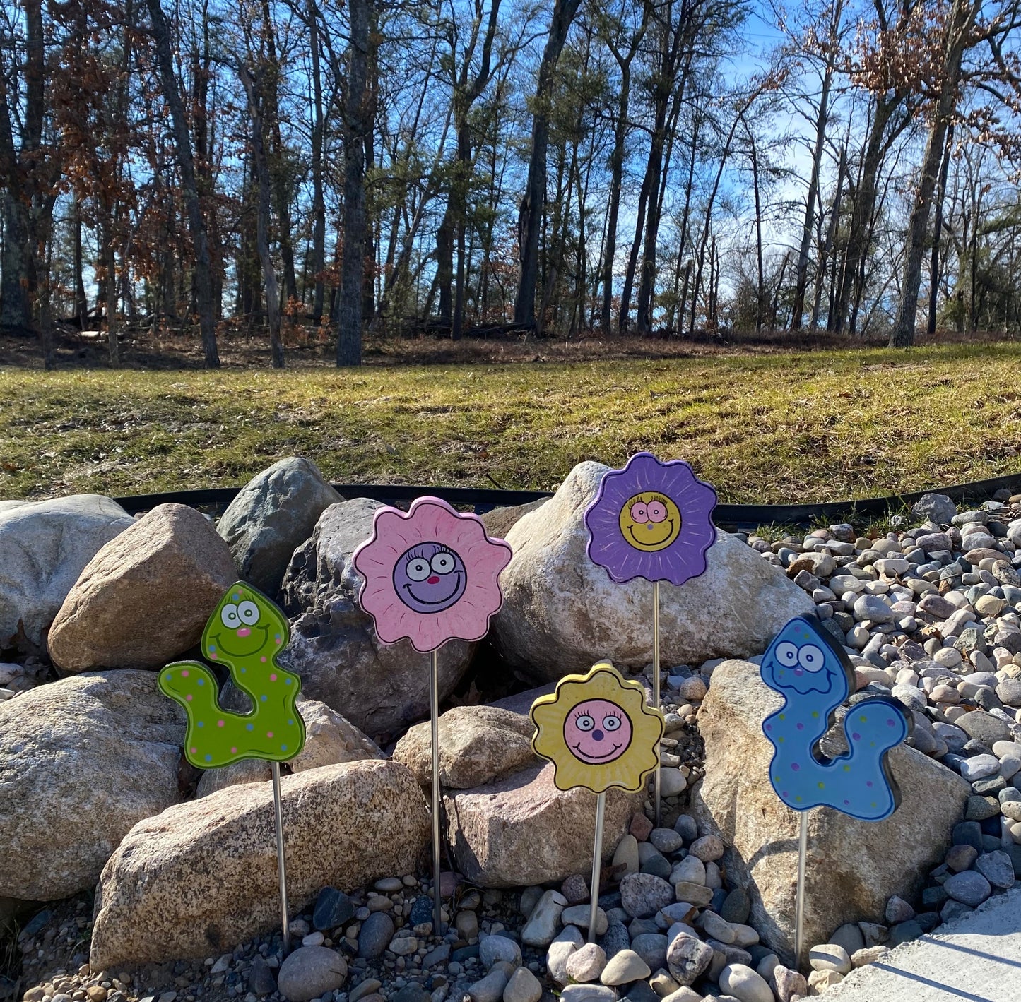 Flower and Worm Wood Outdoor Yard Art Plant Pokes, Garden Decor, Flower Stakes