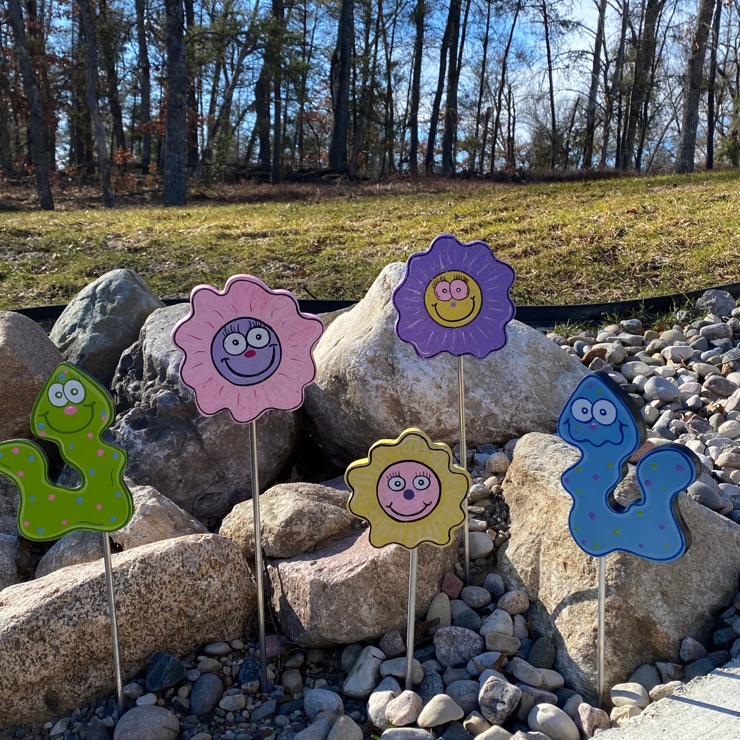 Flower and Worm Wood Outdoor Yard Art Plant Pokes, Garden Decor, Flower Stakes