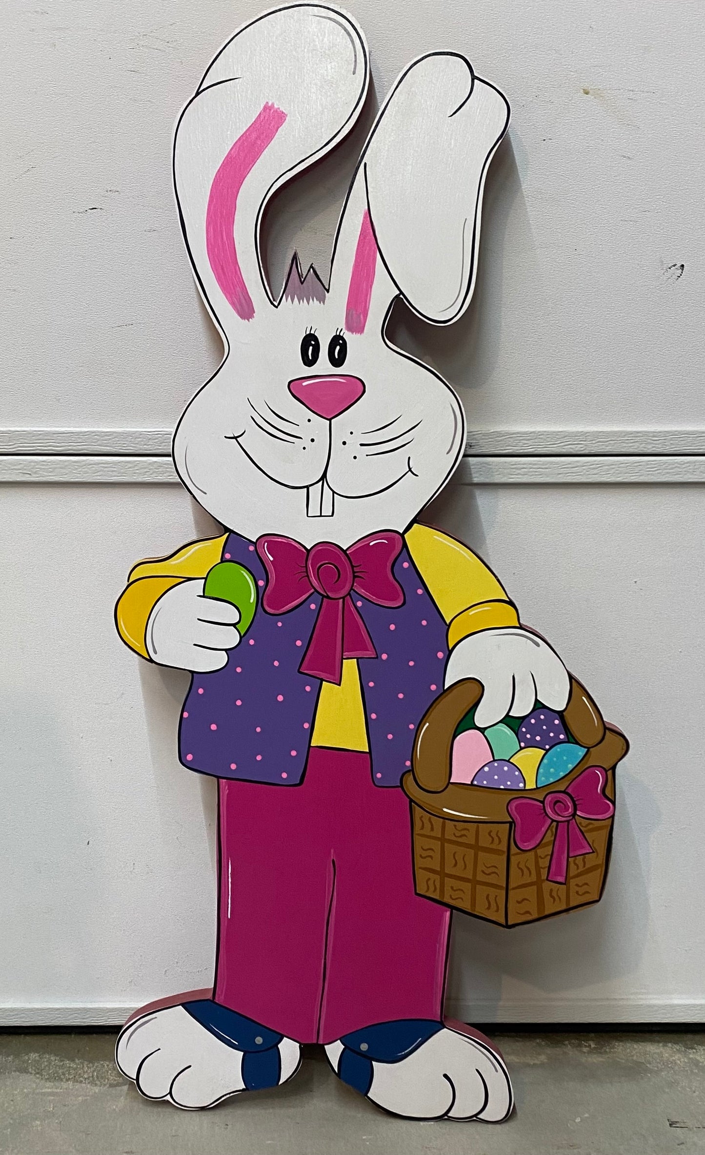 Happy Easter Bunny holding Easter Basket Wood Outdoor Yard Art Sign, Easter Outdoor Decorations, Easter Eggs