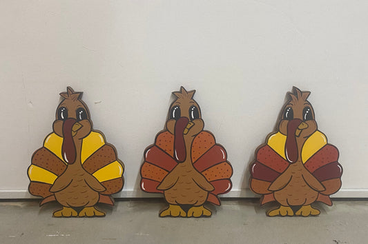 Thanksgiving Turkey Wood Outdoor Yard Art Sign, Lawn Decor, Plant Pokes, Turkeys, Set of 3