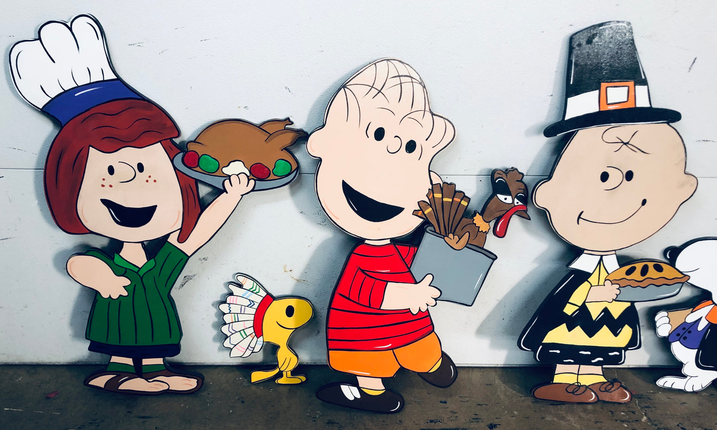 PEANUTS GANG THANKSGIVING WOOD OUTDOOR LAWN YARD ART SIGN, SET OF 8, CHARLIE BROWN