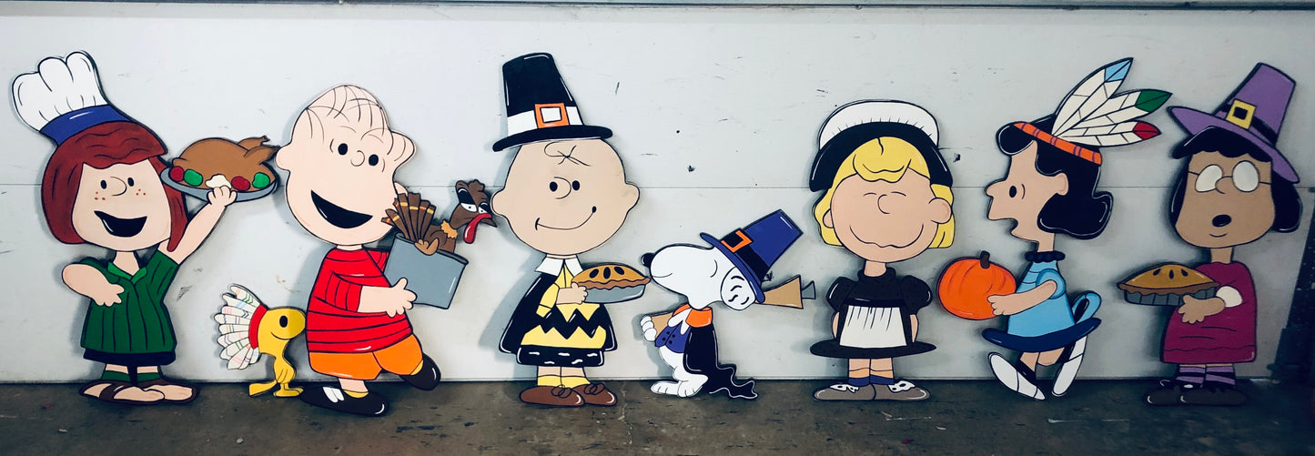 PEANUTS GANG THANKSGIVING WOOD OUTDOOR LAWN YARD ART SIGN, SET OF 8, CHARLIE BROWN