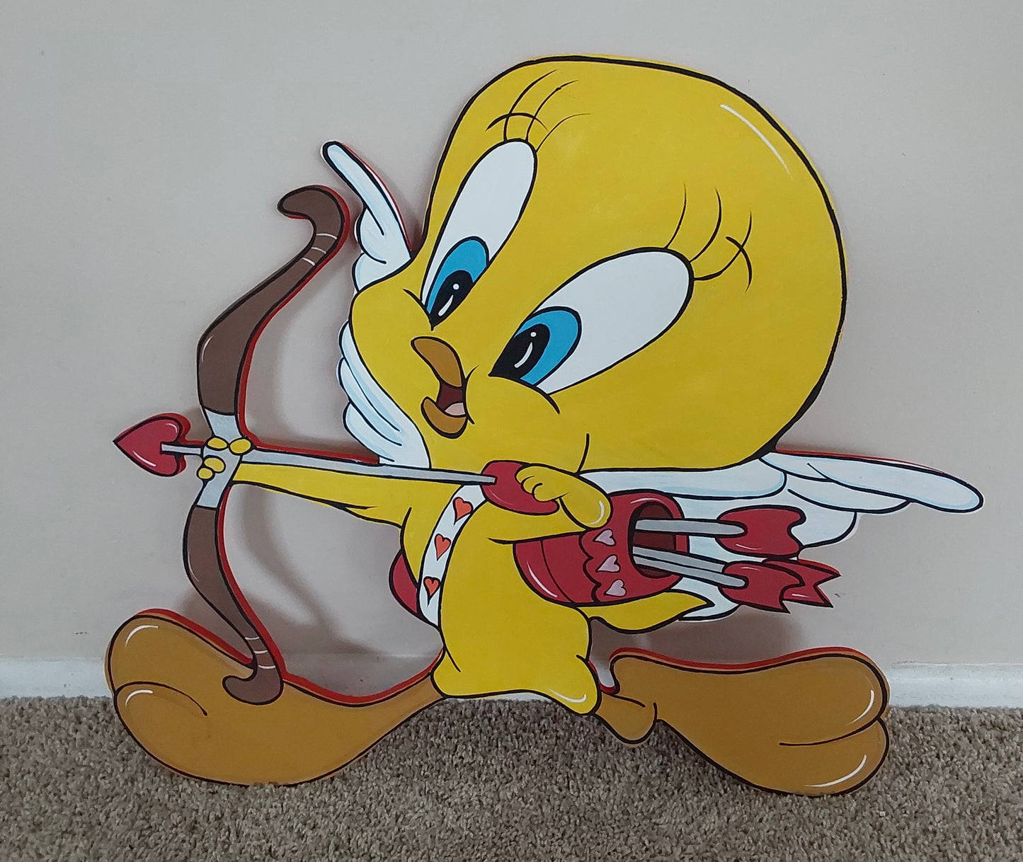 VALENTINE’S DAY TWEET BIRD YELLOW BIRDIE CUPID SILHOUETTES WOOD OUTDOOR YARD ART SIGN, VALENTINE HEART DECOR