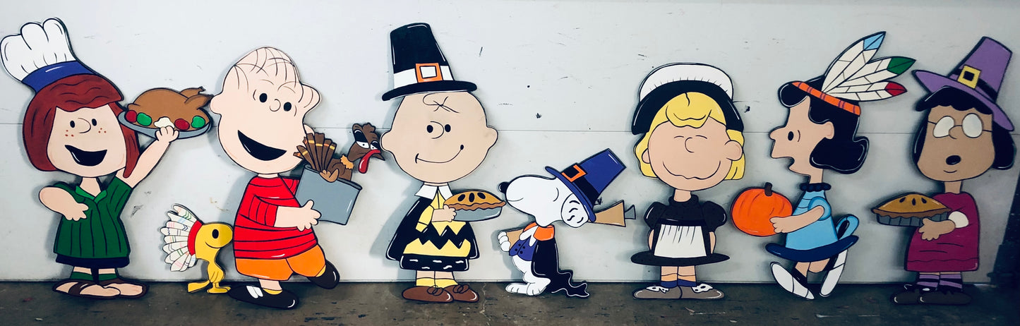 PEANUTS GANG THANKSGIVING WOOD OUTDOOR LAWN YARD ART SIGN, SET OF 8, CHARLIE BROWN
