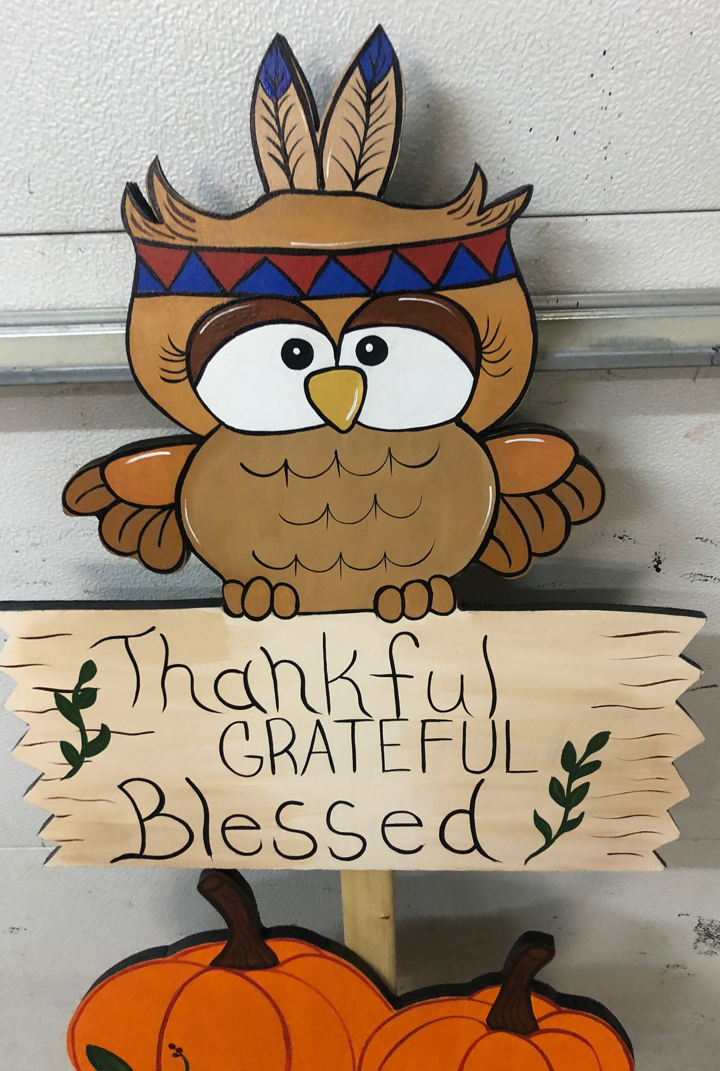 OWL THANKSGIVING OUTDOOR WOOD YARD ART SIGN, THANKFUL, GRATEFUL, BLESSED, THANKSGIVING OUTDOOR DECORATION