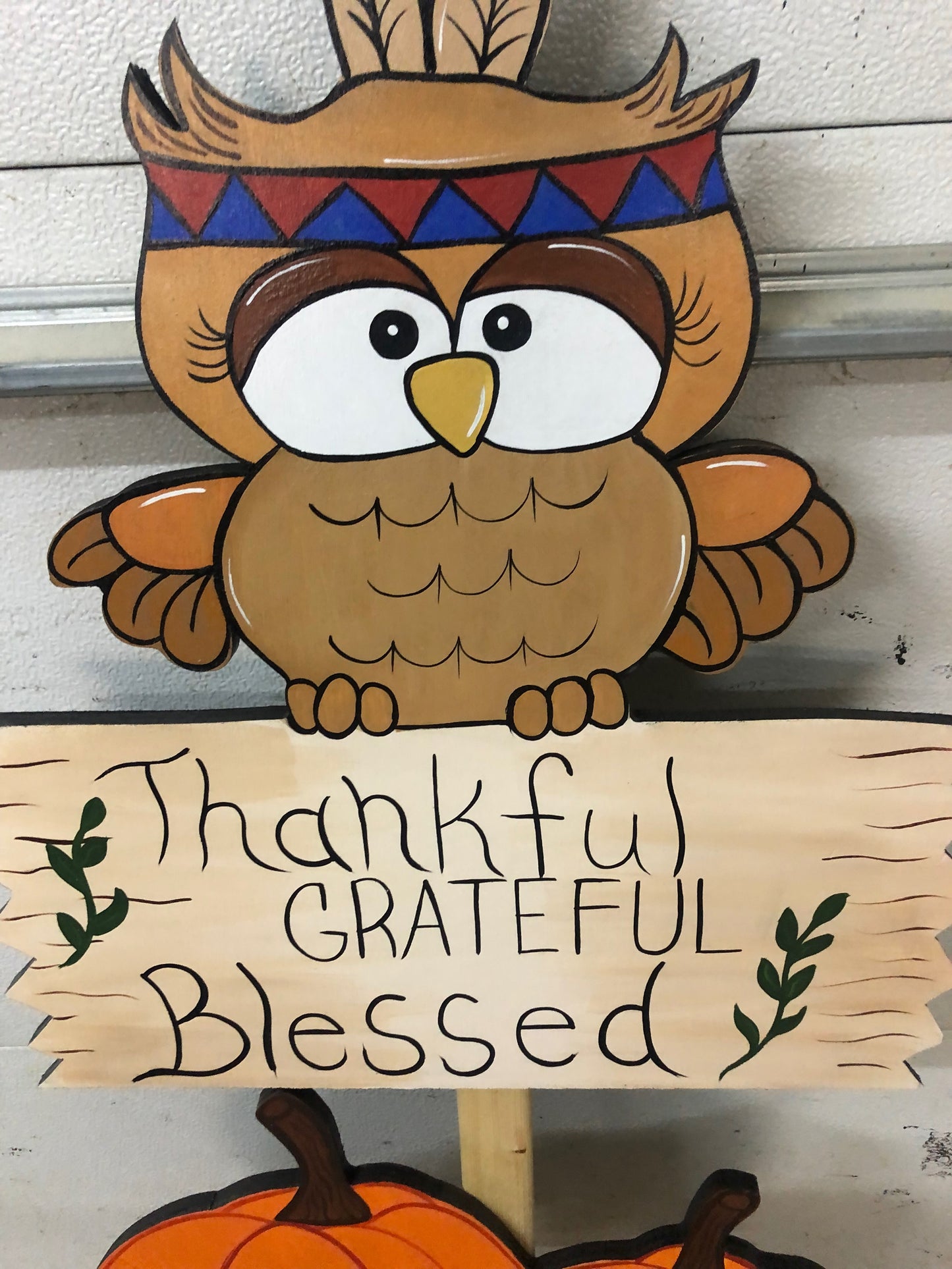 OWL THANKSGIVING OUTDOOR WOOD YARD ART SIGN, THANKFUL, GRATEFUL, BLESSED, THANKSGIVING OUTDOOR DECORATION
