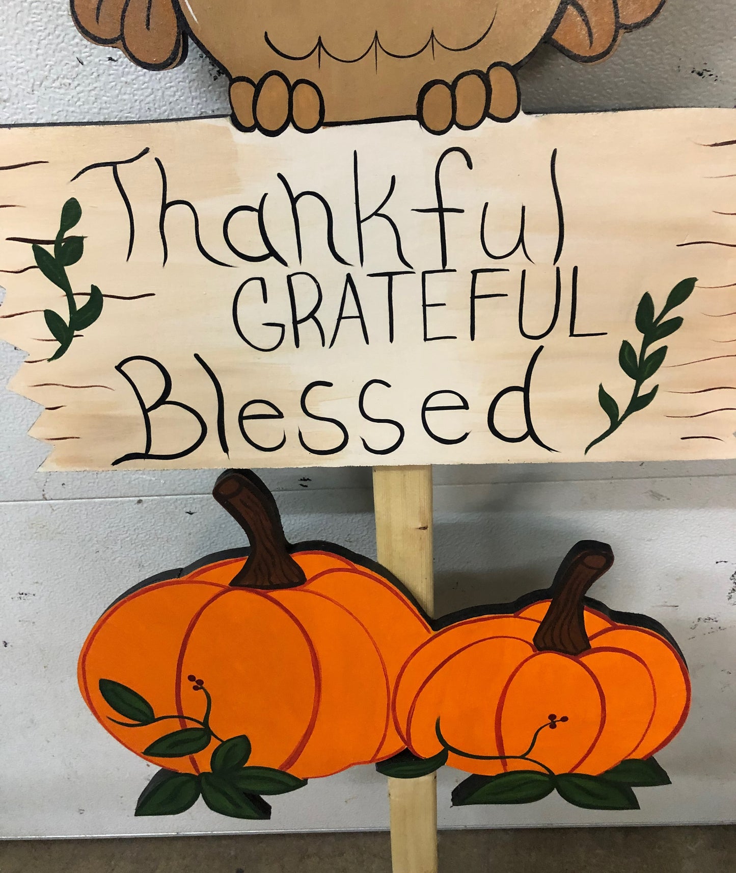 OWL THANKSGIVING OUTDOOR WOOD YARD ART SIGN, THANKFUL, GRATEFUL, BLESSED, THANKSGIVING OUTDOOR DECORATION