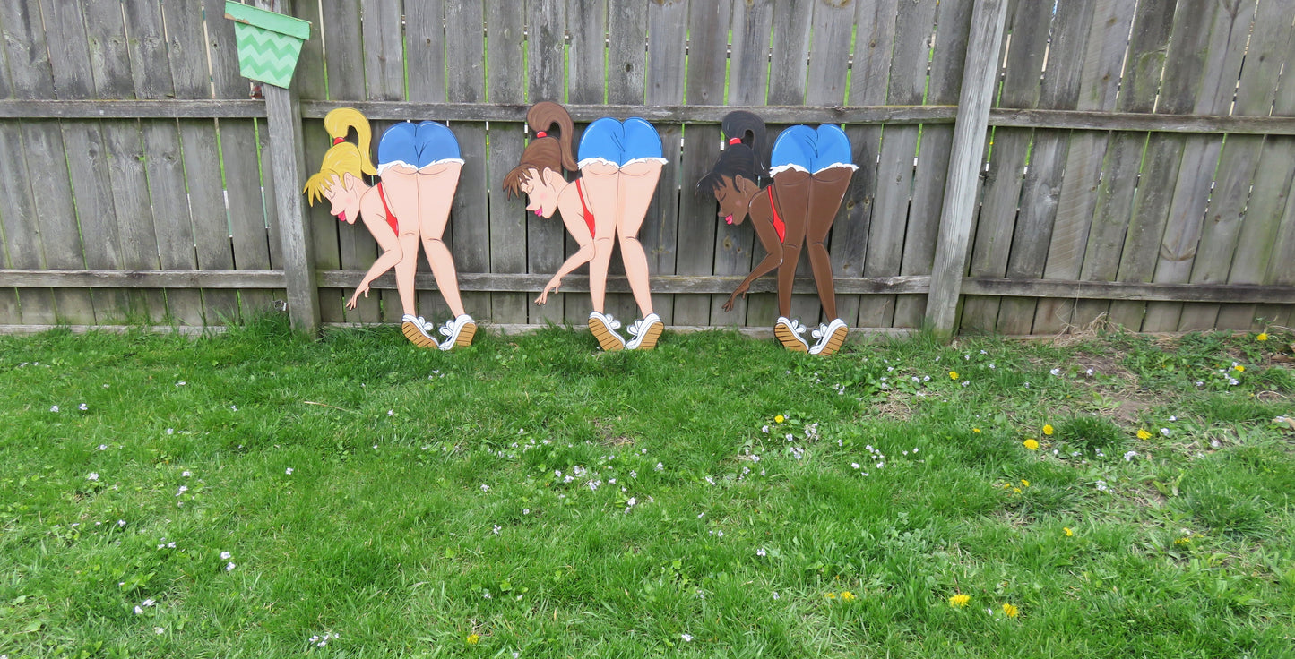 WOMAN BENDING OVER GARDENING, WOOD OUTDOOR YARD ART SIGN, GARDEN DECORATION