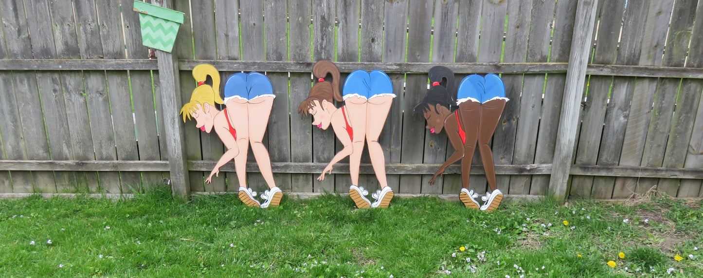 WOMAN BENDING OVER GARDENING, WOOD OUTDOOR YARD ART SIGN, GARDEN DECORATION