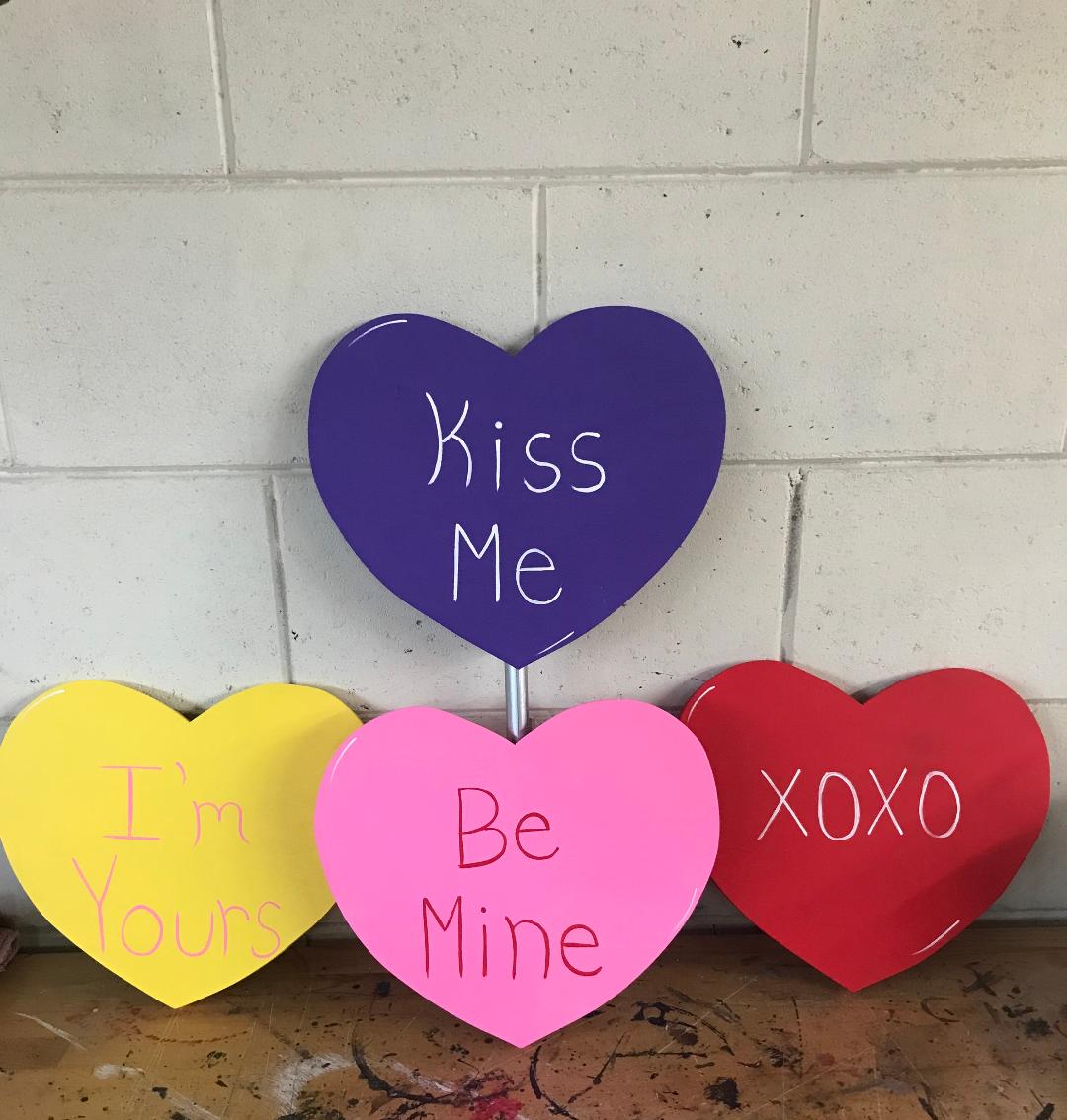 VALENTINE’S DAY CONVERSATION HEART WOOD OUTDOOR YARD ART SIGN, LAWN & GARDEN SIGN