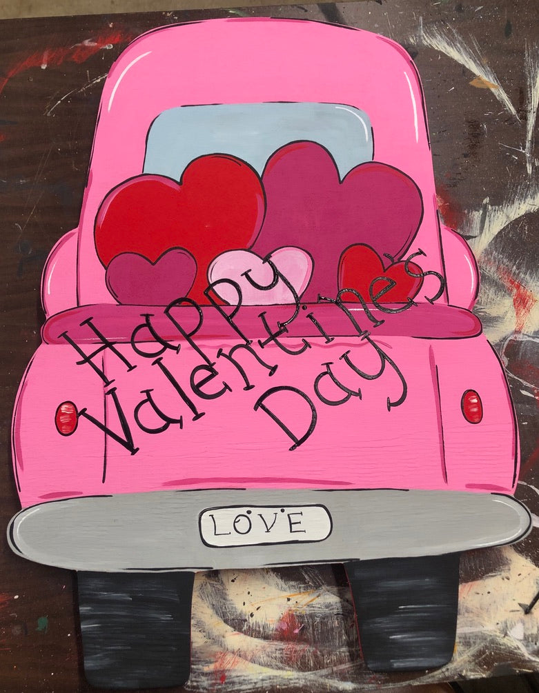 Valentine’s Day Heart Filled Truck Wood Outdoor Yard Art Sign, Pick Up Truck Heart Sign