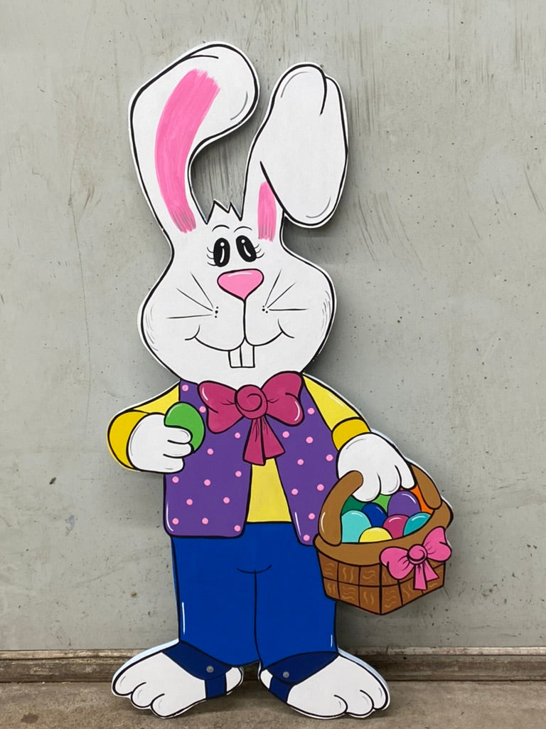 Happy Easter Bunny holding Easter Basket Wood Outdoor Yard Art Sign, Easter Outdoor Decorations, Easter Eggs