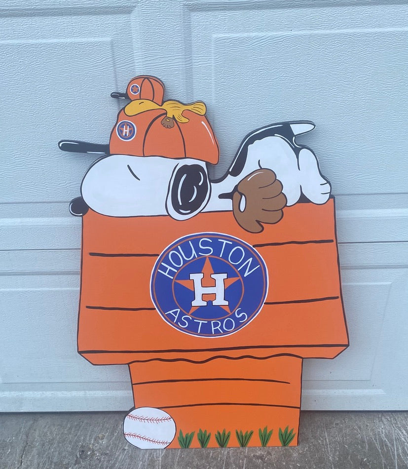 Beagle Dog and his Pal Doghouse Baseball Wood Outdoor Yard Art Sign