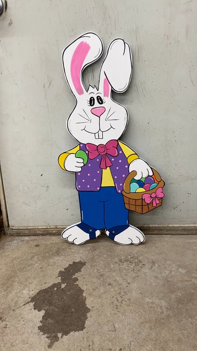 Happy Easter Bunny holding Easter Basket Wood Outdoor Yard Art Sign, Easter Outdoor Decorations, Easter Eggs