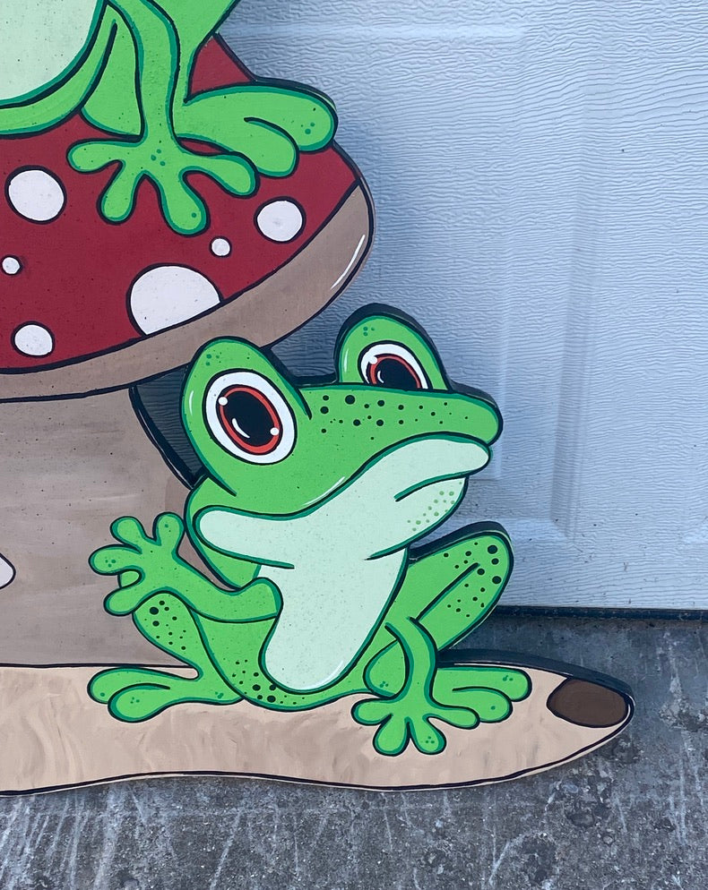 Frogs On Mushroom Wood Outdoor Yard Art Sign, Frog Garden Decoration