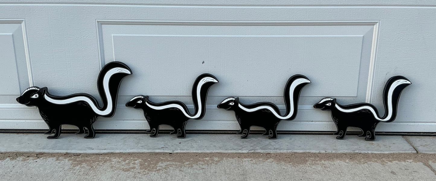 Skunk Family Wood Outdoor Yard Art Sign, Set of 4, Mama and her babies, skunks