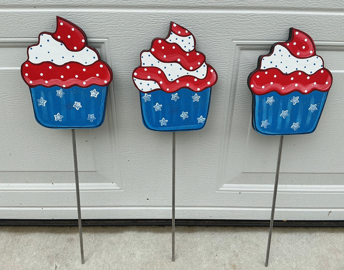 Patriotic Wood Cupcake Yard Art Plant Poke - Red, White, & Blue Wood Decoration