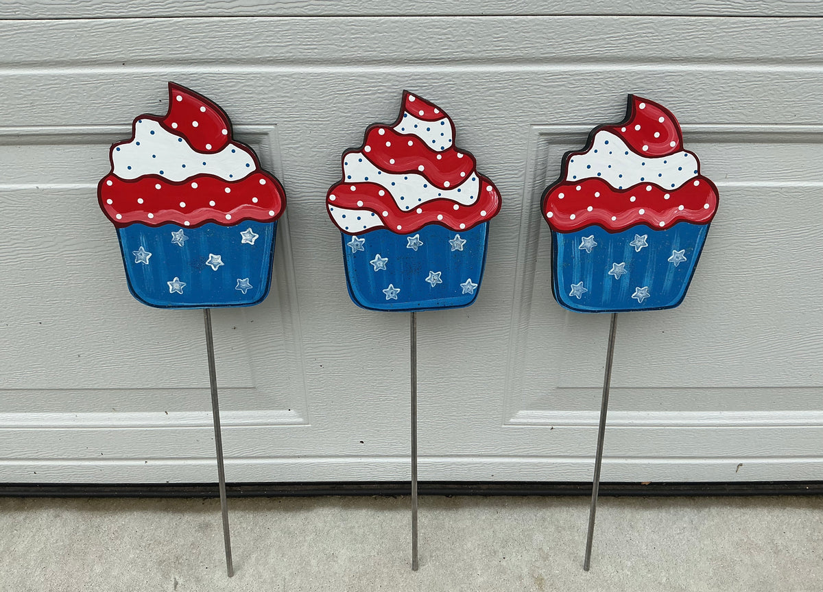 Patriotic Wood Cupcake Yard Art Plant Poke - Red, White, & Blue Wood Decoration