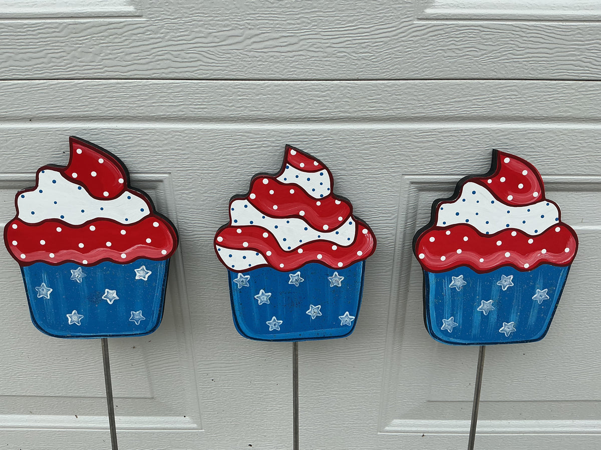 Patriotic Wood Cupcake Yard Art Plant Poke - Red, White, & Blue Wood Decoration