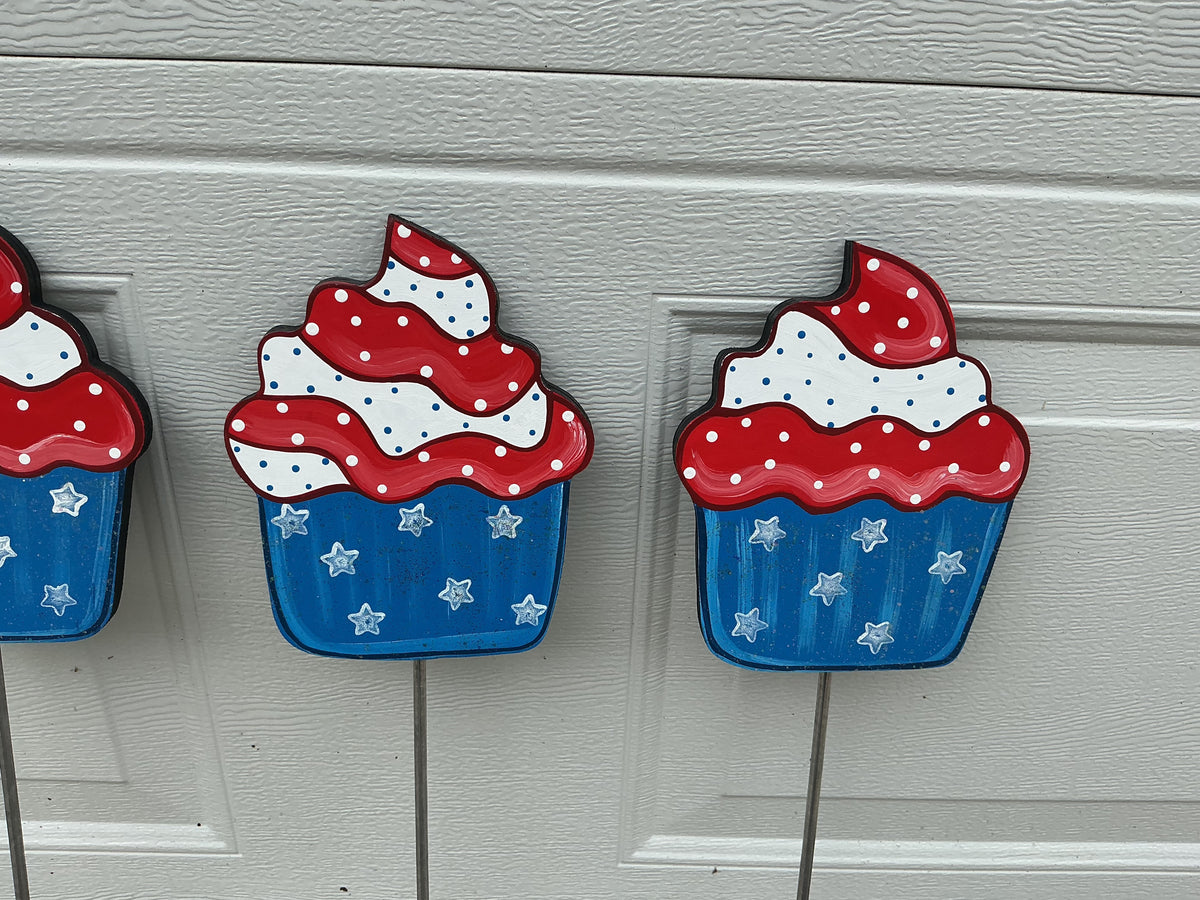 Patriotic Wood Cupcake Yard Art Plant Poke - Red, White, & Blue Wood Decoration
