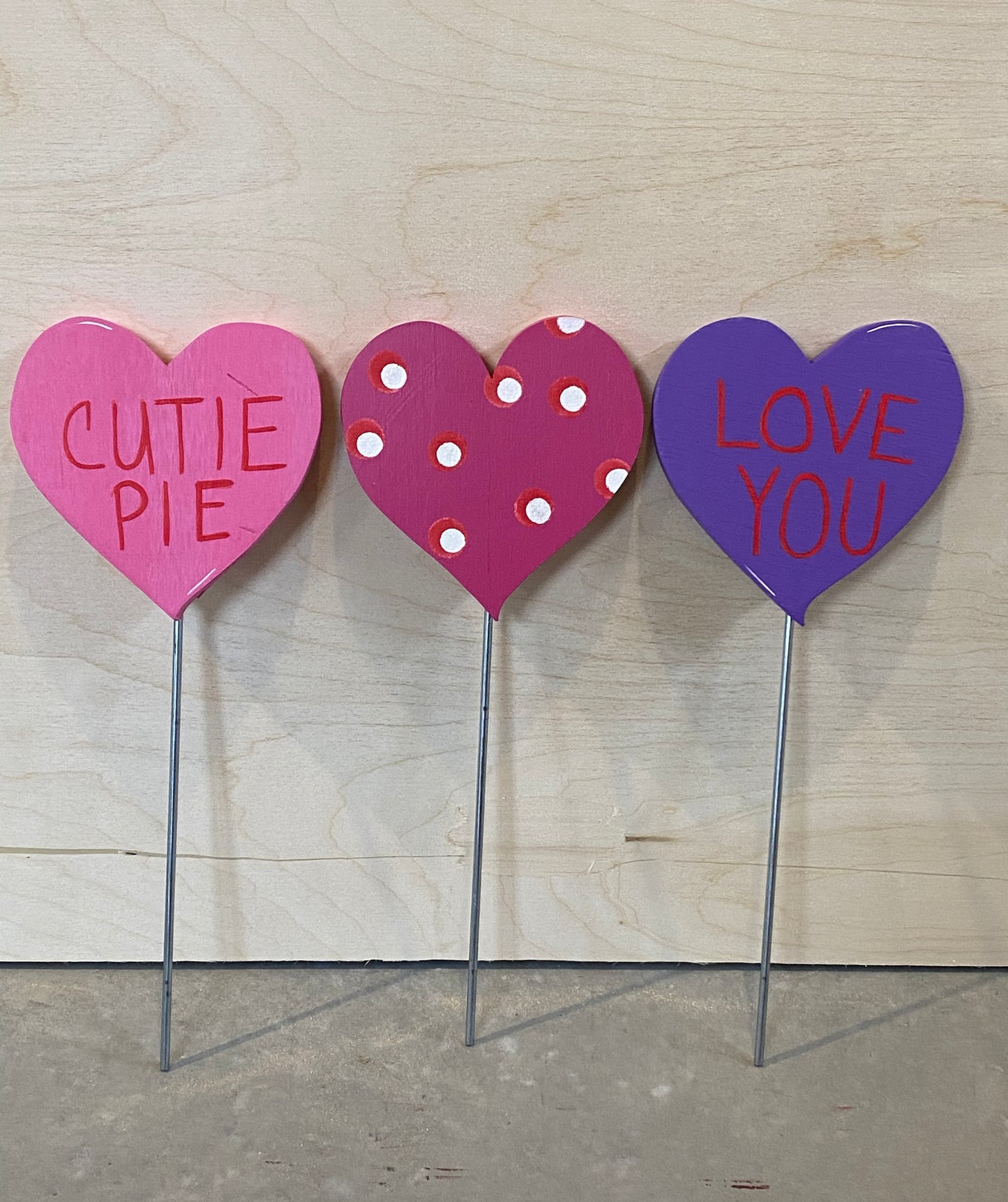 VALENTINE’S DAY CONVERSATION HEARTS, SET OF 3,  WOOD OUTDOOR YARD ART SIGN, LAWN & GARDEN SIGN, PLANT POKE, 6 INCHES TALL