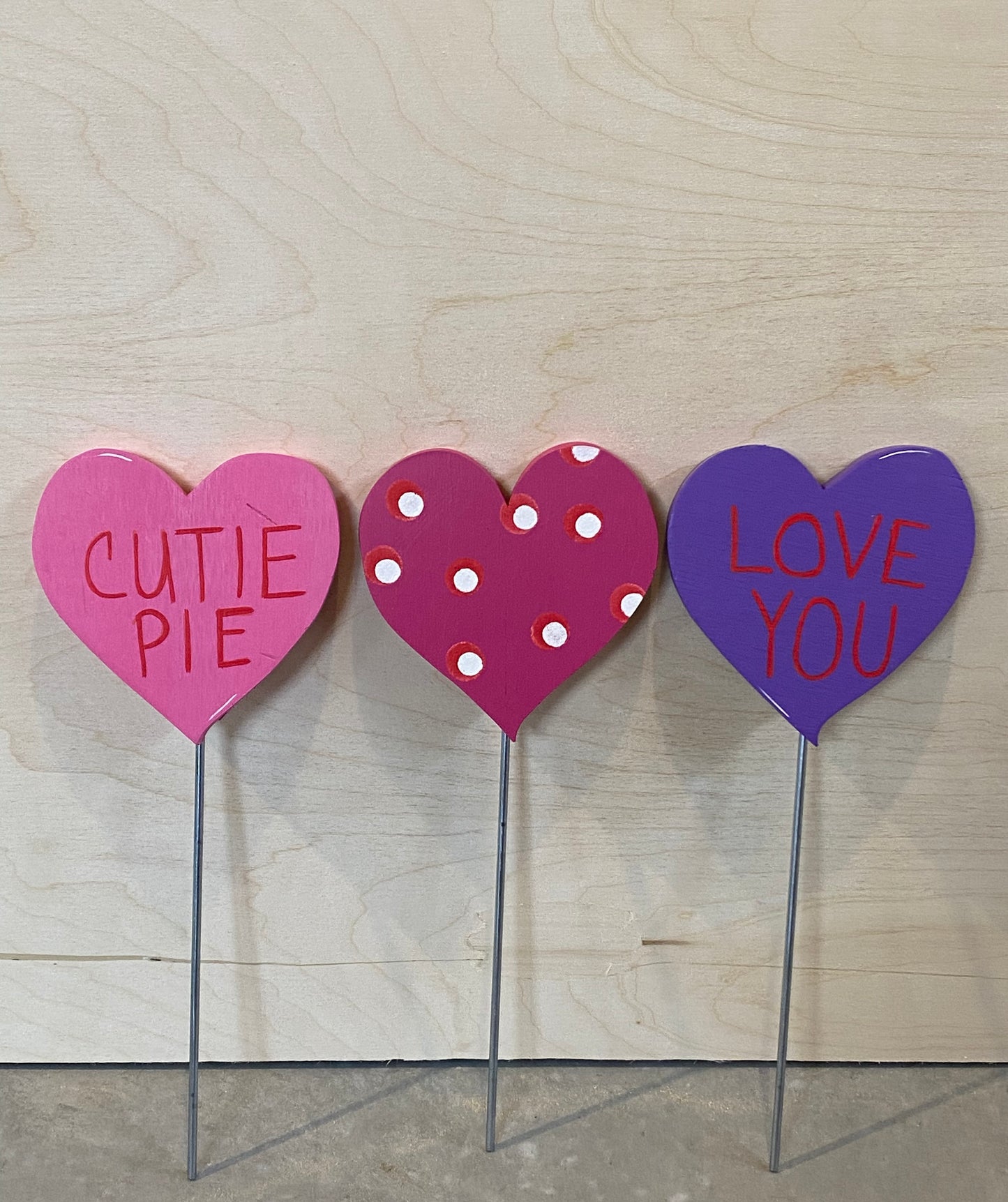 VALENTINE’S DAY CONVERSATION HEARTS, SET OF 3,  WOOD OUTDOOR YARD ART SIGN, LAWN & GARDEN SIGN, PLANT POKE, 6 INCHES TALL