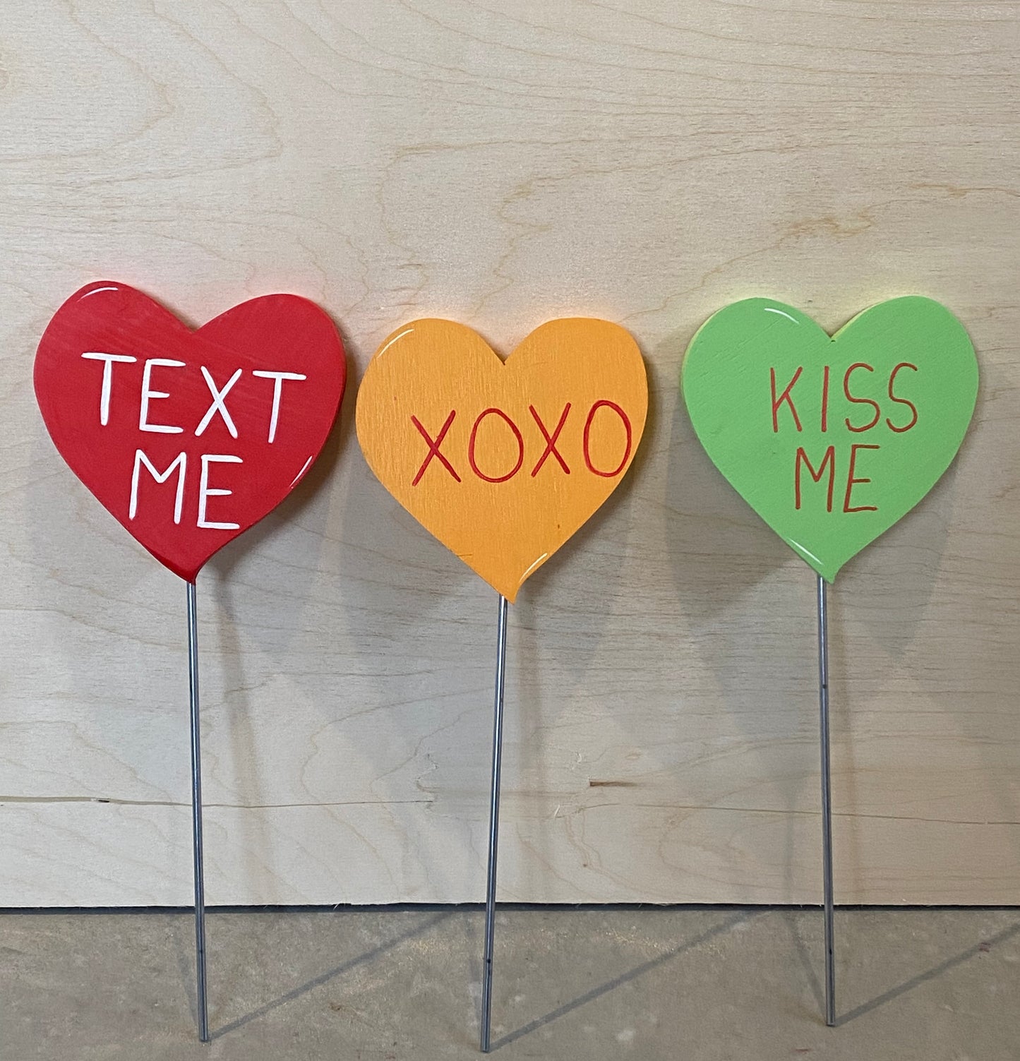 VALENTINE’S DAY CONVERSATION HEARTS, SET OF 3,  WOOD OUTDOOR YARD ART SIGN, LAWN & GARDEN SIGN, PLANT POKE, 6 INCHES TALL