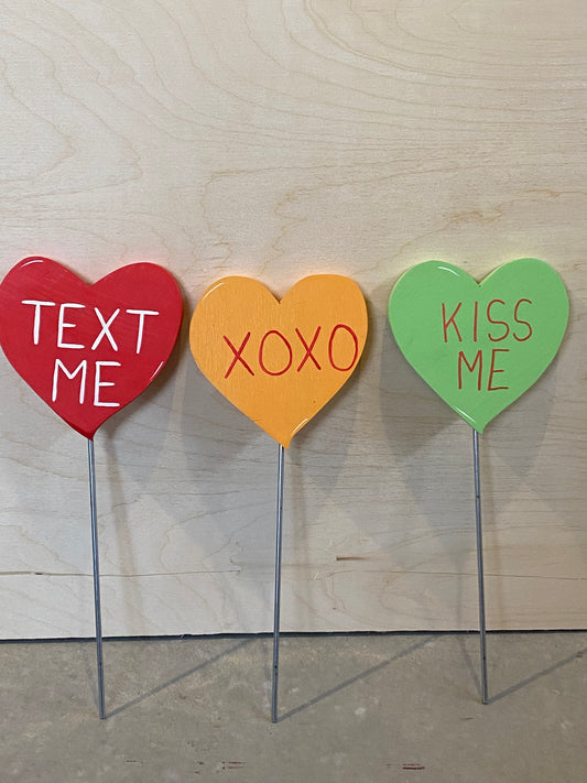 VALENTINE’S DAY CONVERSATION HEARTS, SET OF 3,  WOOD OUTDOOR YARD ART SIGN, LAWN & GARDEN SIGN, PLANT POKE, 6 INCHES TALL