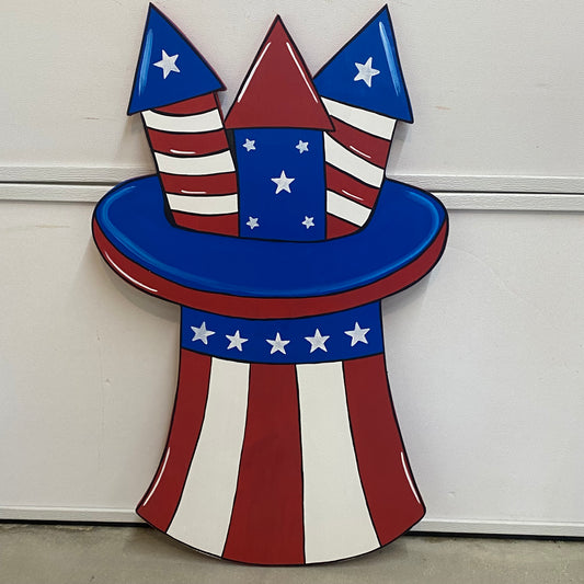 USA PATRIOTIC Uncle Sam Hat with Fireworks Wood Outdoor Yard Art Sign, 4th of July Patriotic Lawn Sign