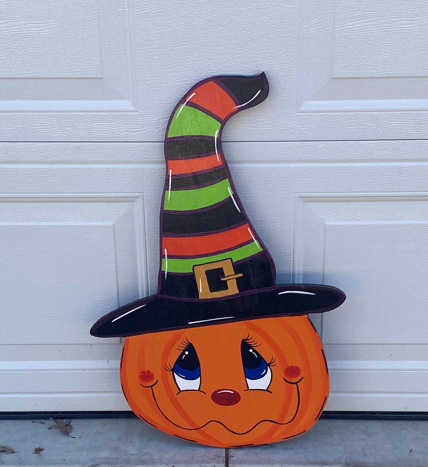 Halloween Pumpkin with Striped Witch Hat Wood Outdoor Yard Art Sign, Halloween Outdoor Decorations