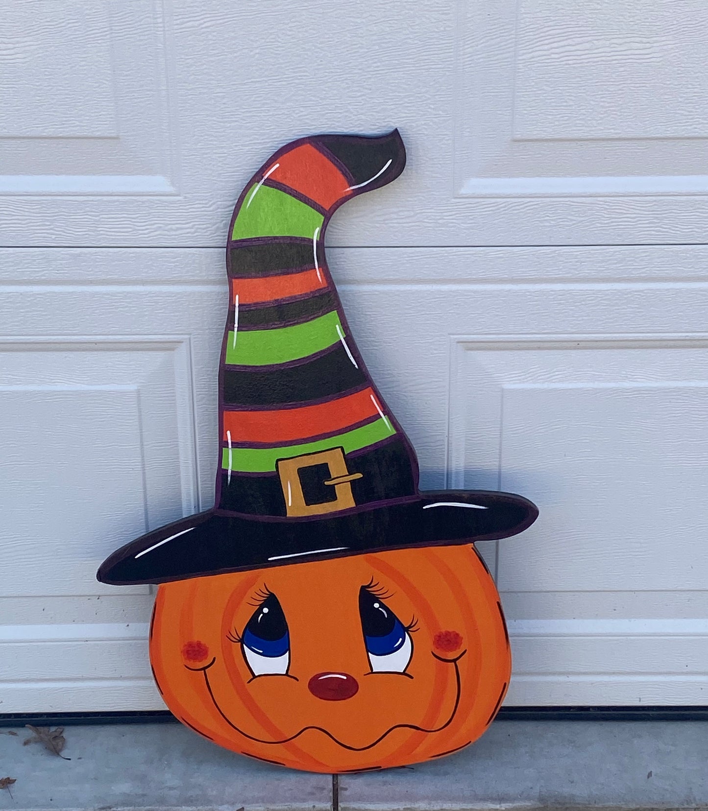 Halloween Pumpkin with Striped Witch Hat Wood Outdoor Yard Art Sign, Halloween Outdoor Decorations